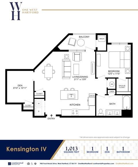 Floor plan for 1 bed, 1 bath, 1013 sqft